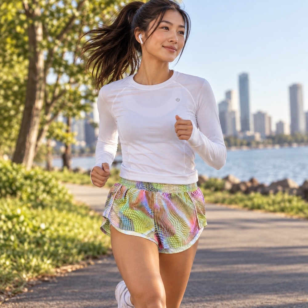 Fabletics Running Shorts Womens Green Multicolor Geometric Grid Lined SO2356343
